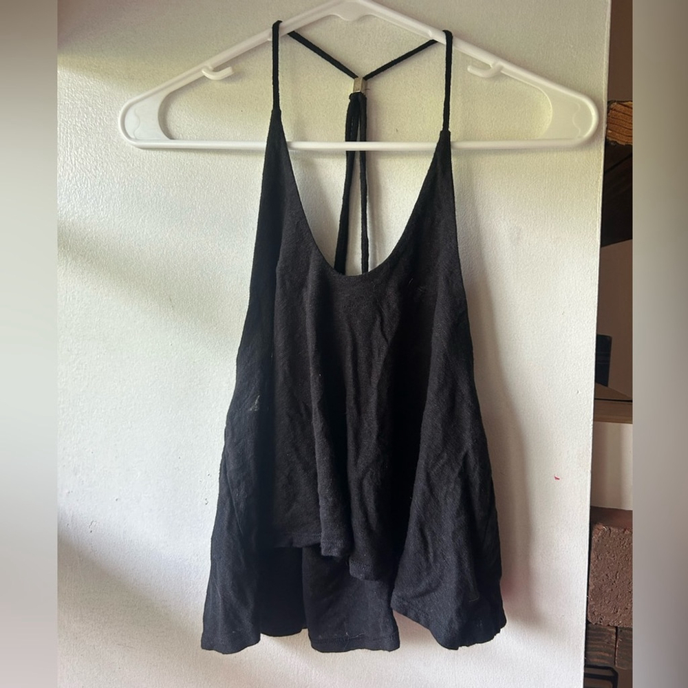 Free People Long Weekend Tank Top Halter Keyhole Neck Linen Blend Black Womens S - Picture 3 of 6